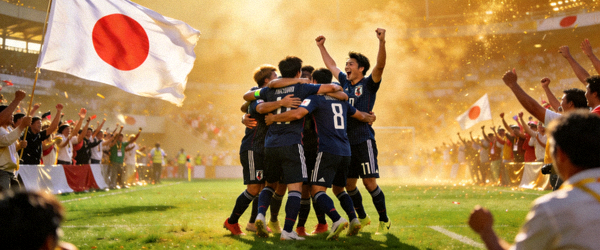 日本队庆祝胜利，球员们拥抱在一起